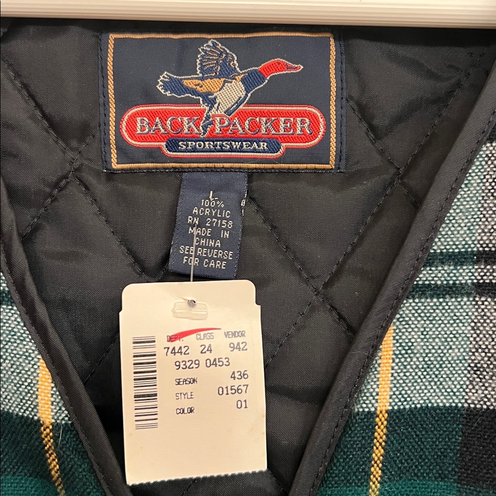 Backpacker Sportswear Vintage Plaid Green and Yellow Zip-Up Vest, NWT - Picture 4 of 5
